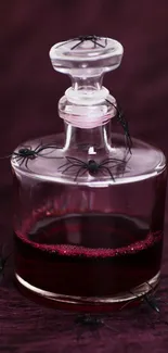 Potion bottle with spiders on burgundy background, perfect for Halloween.