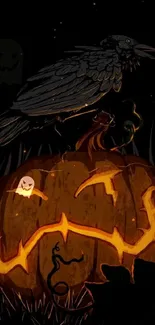 Eerie mobile wallpaper featuring a jack-o'-lantern and raven at night.