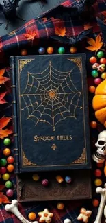 Halloween themed wallpaper with pumpkins, skulls, and autumn leaves.