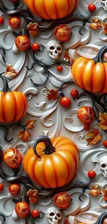 Halloween-themed pumpkin and skull pattern wallpaper.