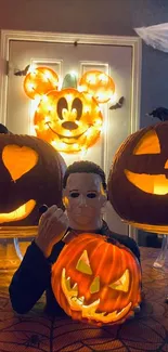 Glowing Halloween pumpkins with candles and spooky decor scene.