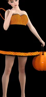 Woman in pumpkin-themed dress with black high heels.