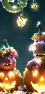 Whimsical Halloween pumpkins glowing at night.