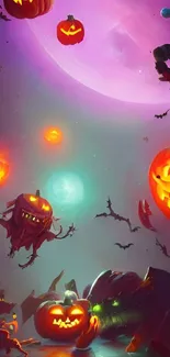 Spooky Halloween wallpaper with pumpkins and a glowing purple moon.