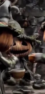 Animated Halloween pumpkin figures sharing a magical moment.