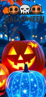 Halloween jack-o'-lanterns glowing under a night sky.