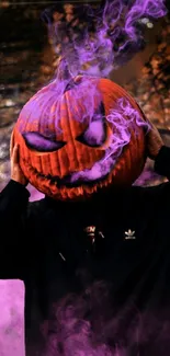 A pumpkin head with purple smoke for Halloween.