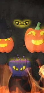 Halloween mobile wallpaper with pumpkins and glowing eyes.