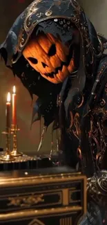 Dark Halloween-themed artwork with pumpkin mask and intricate designs.