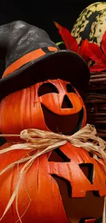 Stacked pumpkins with witch hat and fall leaves on a dark background.