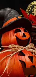 Stacked Halloween pumpkins with witch hat and autumn leaves.