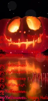 Glowing Halloween pumpkin wallpaper with festive text and reflections.