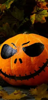 A spooky carved pumpkin with autumn leaves on a dark background.