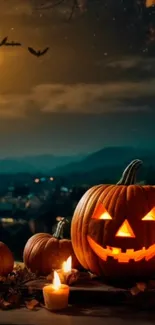 Glowing pumpkins under moonlight with candles, perfect spooky Halloween wallpaper.