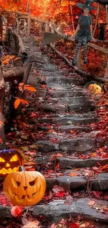 Halloween-themed pathway with pumpkins and autumn leaves.