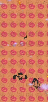 Spooky Halloween wallpaper with pumpkin pattern on orange background.