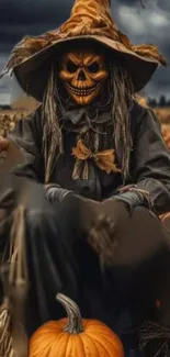 Sinister pumpkin scarecrow in autumn field.