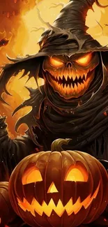 Halloween scarecrow with glowing pumpkin heads, surrounded by flames.