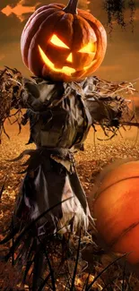 Spooky pumpkin scarecrow in a Halloween-themed field under an orange sky.