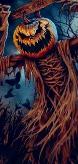 Scary pumpkin-headed scarecrow under a spooky night sky, perfect Halloween wallpaper.