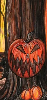 Spooky Halloween pumpkin in dark forest art.