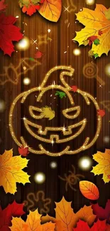 Halloween wallpaper with glowing pumpkin and autumn leaves.