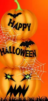 Halloween pumpkins wallpaper with bats and webs.