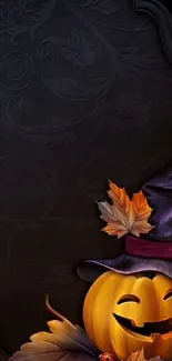 Spooky Halloween pumpkin with witch hat wallpaper.