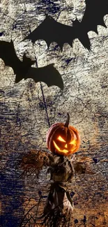 Spooky Halloween pumpkin with flying bats on a dark, textured background.