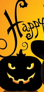 Halloween wallpaper with glowing jack-o'-lantern and orange background.