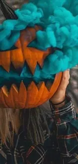 Spooky Halloween pumpkin with vibrant blue smoke.