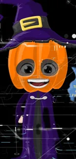 Pumpkin-headed wizard in purple Halloween theme wallpaper.