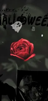 Halloween-themed wallpaper with red rose.