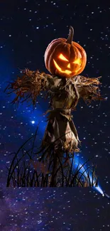 Pumpkin-headed scarecrow under starry galaxy sky with eerie Halloween vibe.