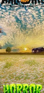 Halloween scarecrow in a spooky field with an eerie sky.