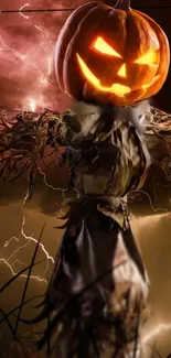 Spooky Halloween scarecrow with a glowing pumpkin head under stormy lightning skies.