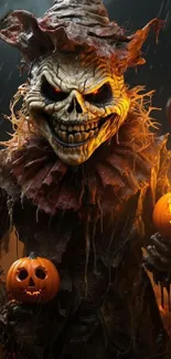 Eerie scarecrow with pumpkins in a Halloween night setting.