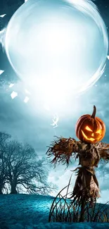 Halloween scarecrow under a bright, spooky moon with trees in the background.