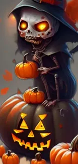 Skeleton in witch hat with glowing pumpkins, Halloween art.