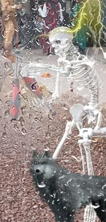 Skeleton and black wolf in snowy Halloween scene with lightning.