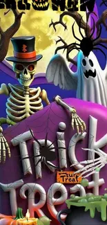 Halloween wallpaper with skeleton and ghost theme.