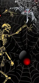 Halloween wallpaper with skeleton and spider webs in dark tones.