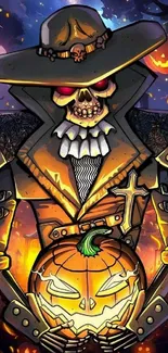 Skeleton with pumpkin and vibrant Halloween colors in a spooky theme.