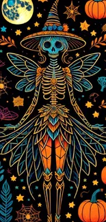 Colorful skeleton fairy Halloween wallpaper with pumpkins and stars.