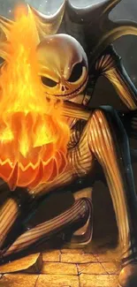 Skeleton holding a glowing pumpkin in a dark, Halloween-themed scene.