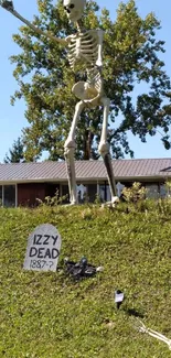 Giant skeleton lawn decoration for Halloween.