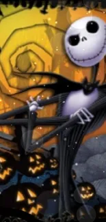 Cartoon skeleton in a spooky Halloween night scene with pumpkins.