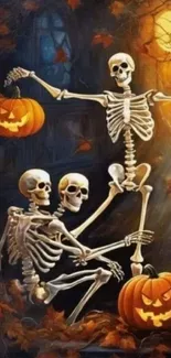 Skeletons with pumpkins under a spooky moonlight for Halloween.