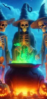 Three skeletons in witch hats around a cauldron glowing with colorful light.