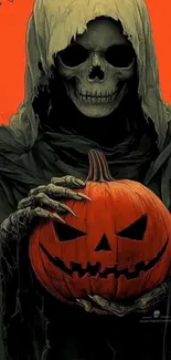 Skeleton holding a carved pumpkin with an orange background.